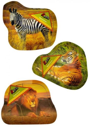 Fa puzzle, vadállatos, 3-féle: tigris, zebra, oroszlán, 5 db-os, 20 cm